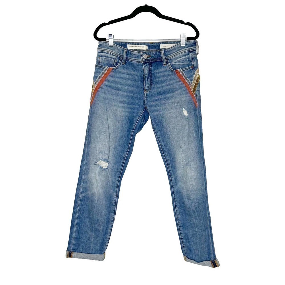 Anthropologie Pilcro Embellished Slim Boyfriend Jeans Women's Sequins Blue Sz 27